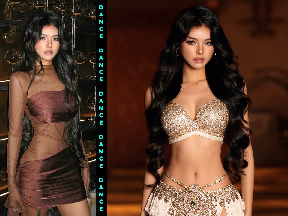 Before and after preview of a woman transformed into a gold belly dance costume on an indoor stage