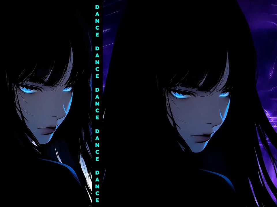 Before and after preview of a dark anime character with glowing blue eyes animated in a purple scene