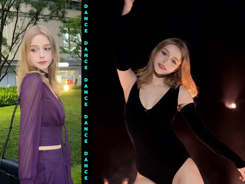 Before and after preview of a purple outfit portrait transformed into a black idol stage dance costume