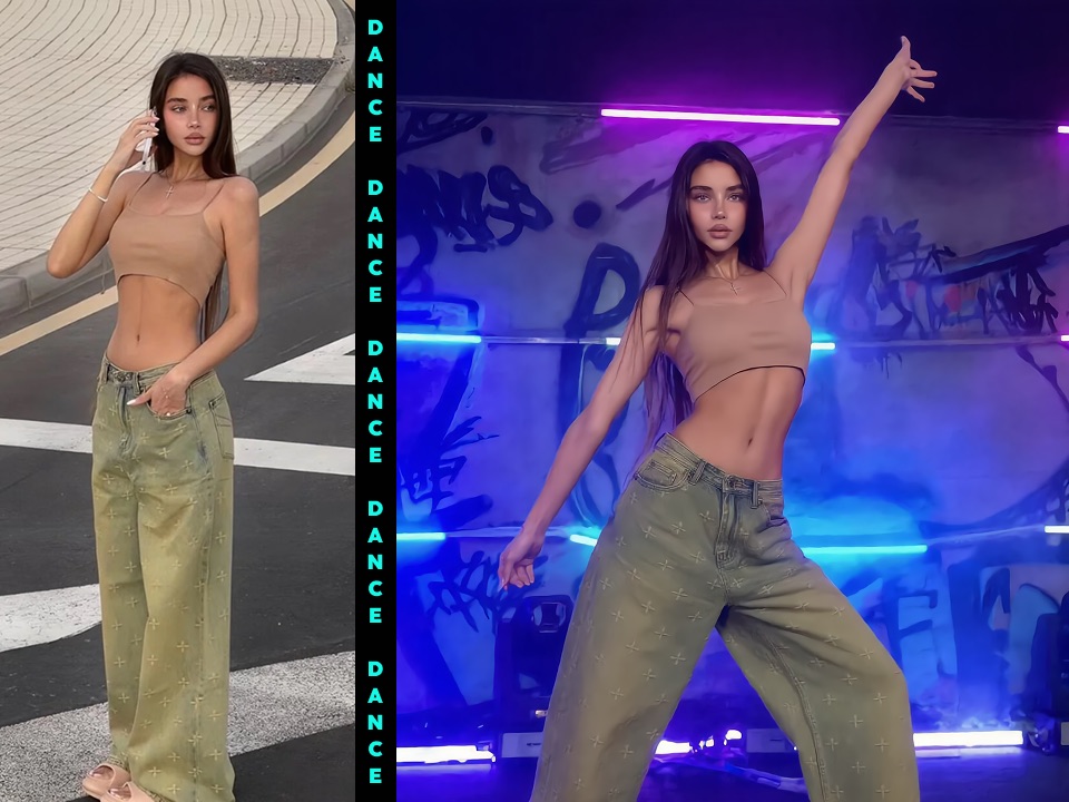 Before and after preview of a portrait transformed into a neon K-pop dance studio pose