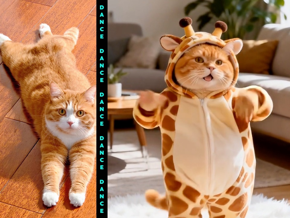 Before and after preview of an orange cat transformed into a giraffe costume dance character