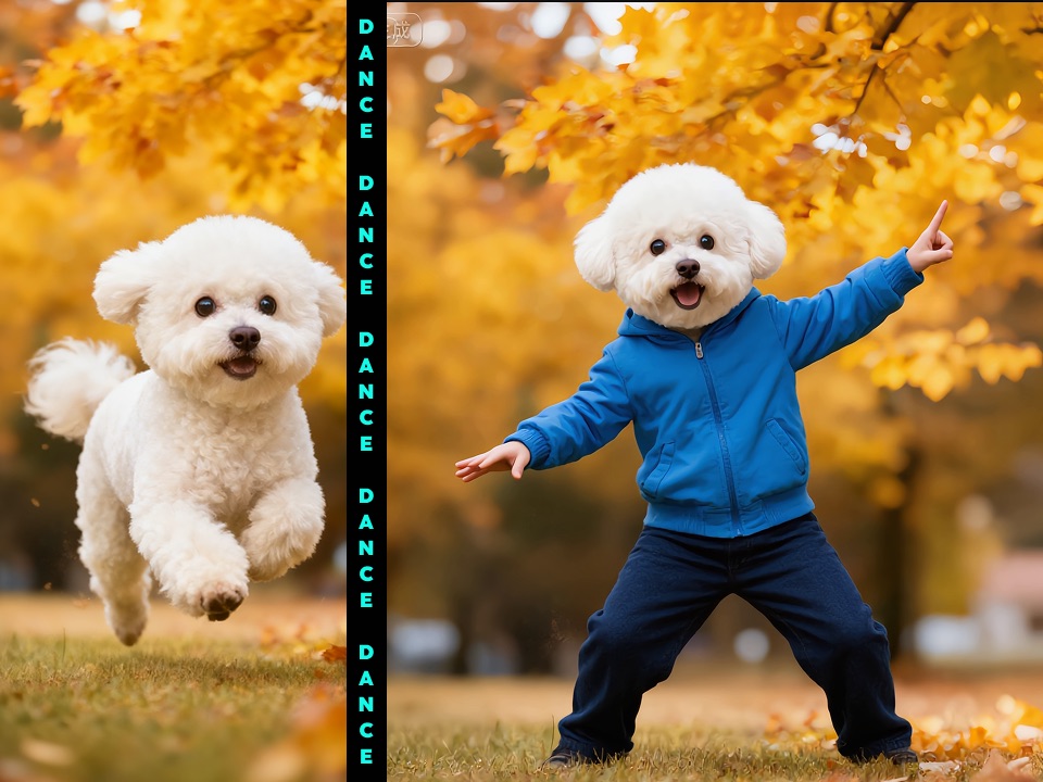 Before and after preview of a white dog transformed into a blue jacket dance character in an autumn park