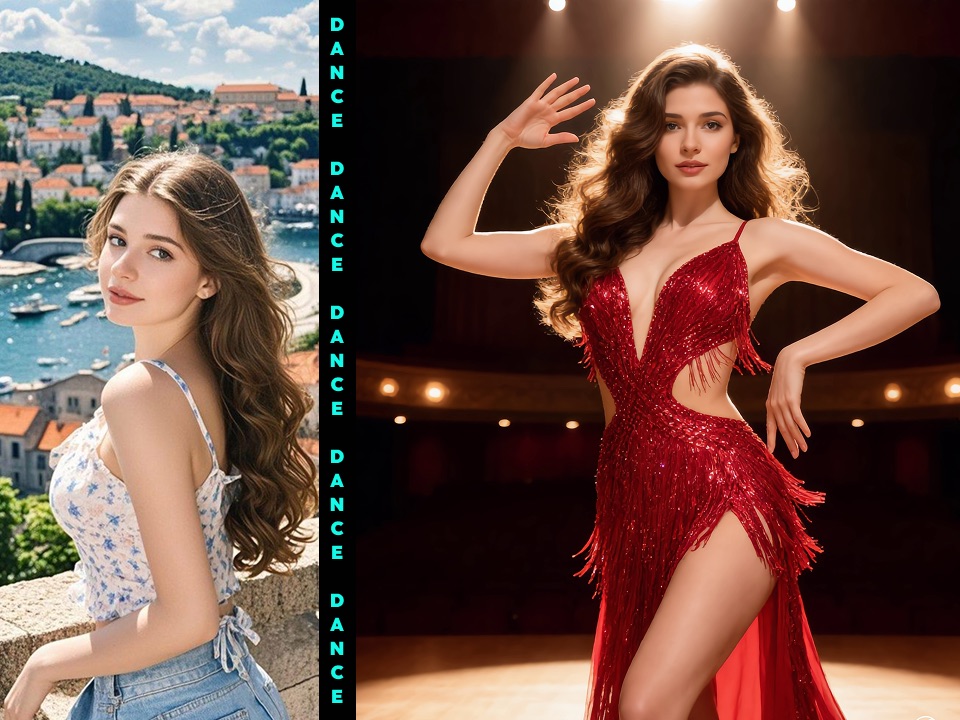 Before and after preview of a portrait transformed into a red dress TikTok dance character on a theater stage