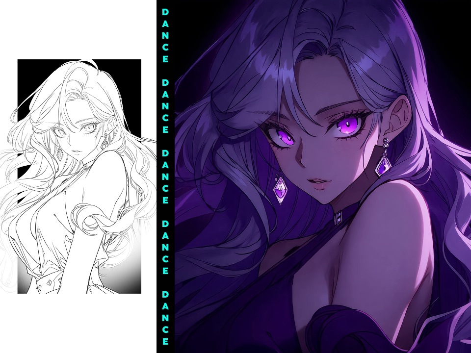 Before and after preview of an anime line drawing transformed into a purple neon dance character
