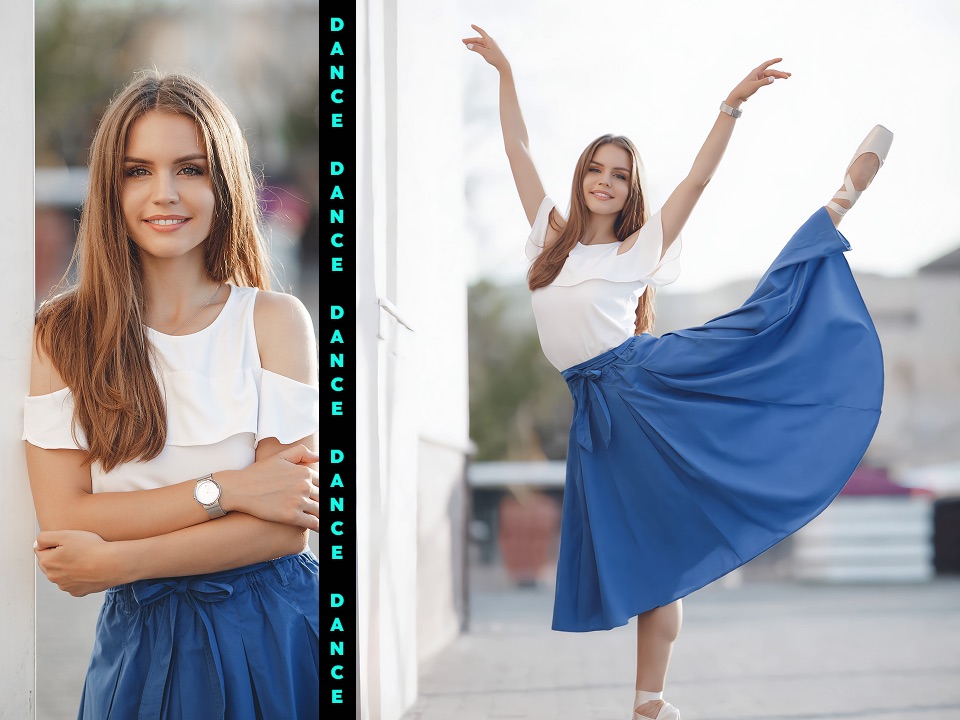 Before and after preview of a portrait transformed into an outdoor dance pose with a blue skirt