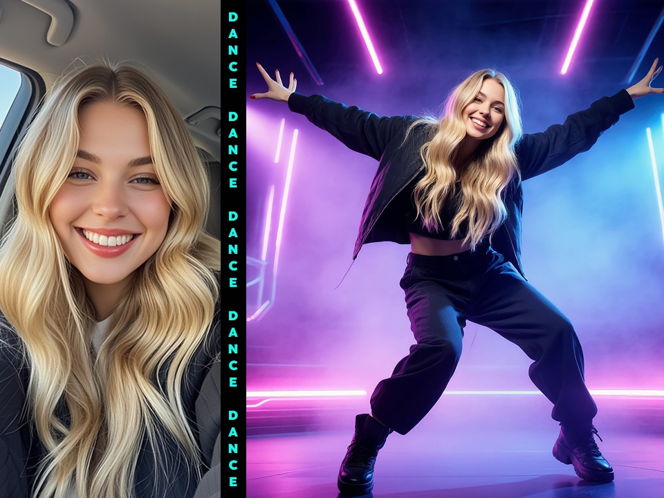 Before and after preview of a car selfie transformed into a neon stage dance pose