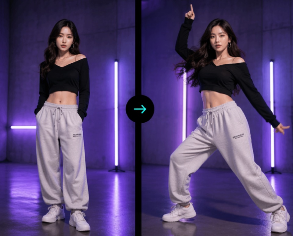 Before and after preview of a woman transformed into a purple studio dance pose